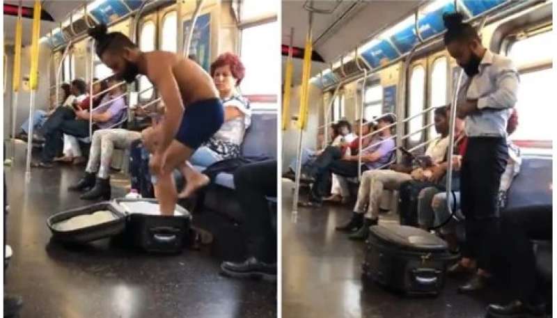 في مترو نيويورك.. شاب يخلع ملابسه ويستحم أمام الركاب | فيديو