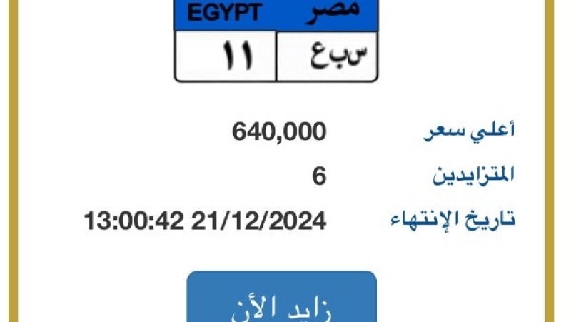 وصل سعرها 640 ألف جنيه.. مزاد على لوحة سيارة تحمل أحرف ”سبع”