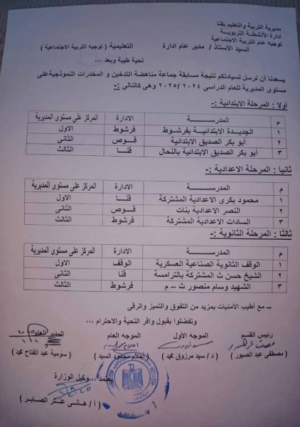 مدارس قنا تتصدر في مسابقتي التدخين والوعي القومي