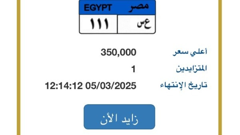 لوحة مميزة للسيارات يصل سعرها لـ 350 ألف جنيه