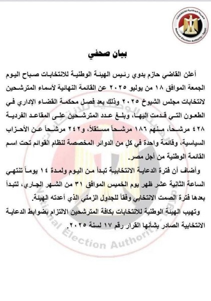بيــــــــــــــــــــــــان صحفـــــــــ الهيئة الوطنية للانتخابات: القائمة النهائية لأسماء المترشحين لانتخابات مجلس الشيوخ ۲۰۲۵