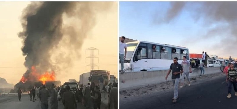اشتعال سيارة مواد بترولية وإغلاق جزئي للطريق الإقليمي