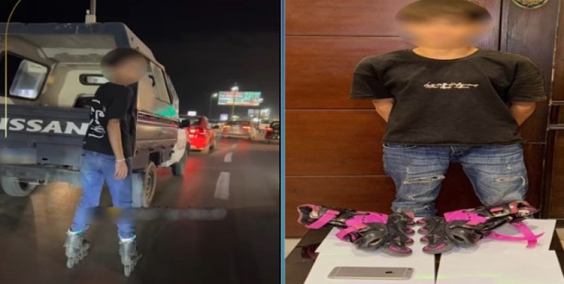 القبض على أجنبي أمسك بالصندوق الخلفي لسيارة شرطة مرتديًا حذاء تزحلق