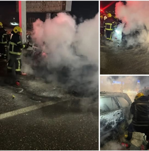 استخراج جثة متوفى من داخل سيارة مشتعلة على طريق السويس الصحراوى