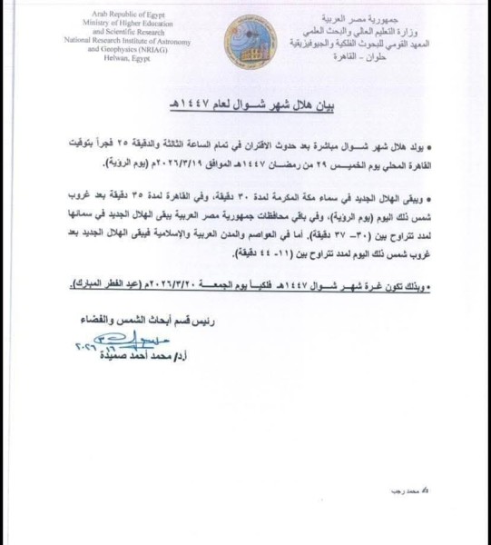 المعهد القومي للبحوث الفلكية: الجمعة أول أيام عيد الفطر المبارك