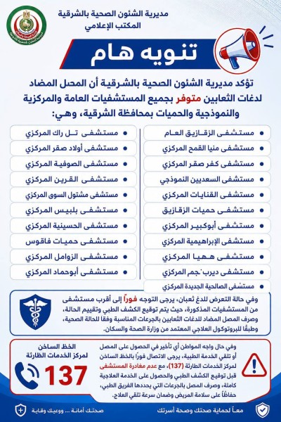 صحة الشرقية: توافر المصل المضاد للدغات الثعابين بجميع المستشفيات العامة والمركزية والحميات