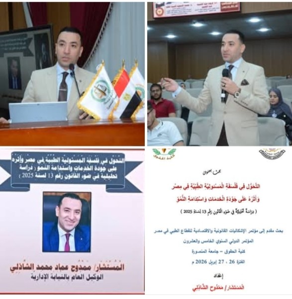 الباحث المستشار ممدوح الشاذلي ومشاركة فاعلة ومناقشة بحث بمؤتمر «الإشكاليات والتحديات القانونية والاقتصادية في القطاع الطبي»