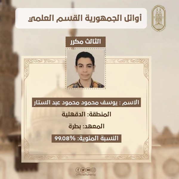 رئيس منطقة الدقهلية الأزهرية يهنئ الطالب يوسف محمود عبد الستار لتفوقه وحصوله على المركز الثالث مكرر على مستوى الجمهورية
