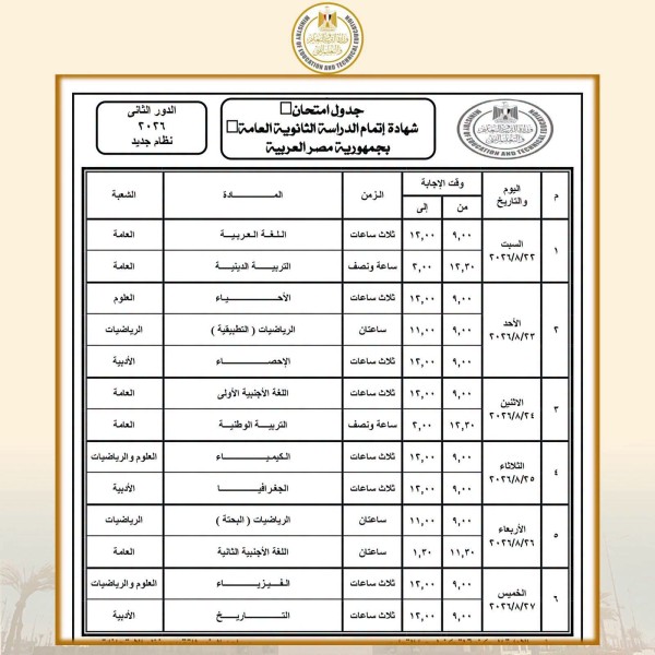 امتحانات الدور الثاني  الثانوية العامة 2026 تبدأ 22 أغسطس وتسليم استمارات النجاح غدًا