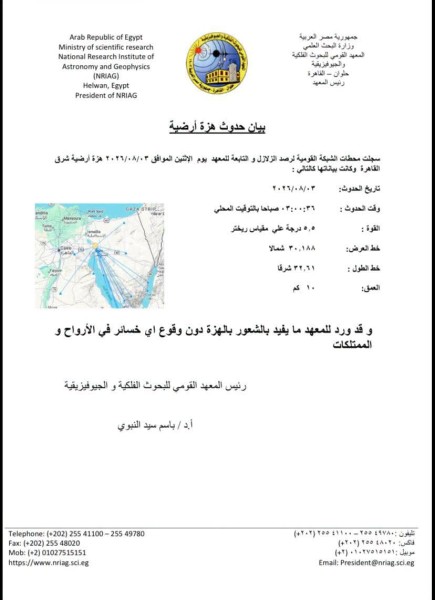 الدقهلية دون وقوع أي خسائر بعد الهزة الأرضية التي تم رصدها فجر اليوم