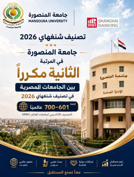 جامعة المنصورة تحافظ على تقدمها عالميًا وتأتي في المرتبة الثانية مكررًا بين الجامعات المصرية في تصنيف شنغهاي 2026