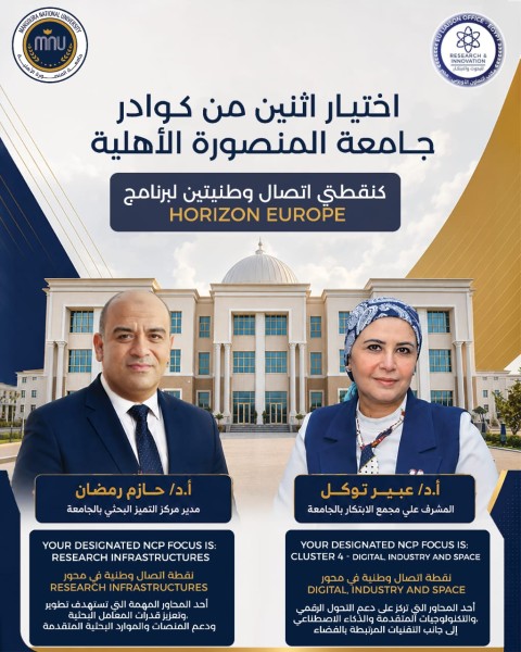 اختيار اثنين من كوادر جامعة المنصورة الأهلية كنقطتي اتصال وطنيتين لبرنامج Horizon Europe