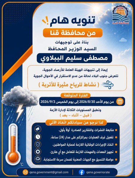 محافظ قنا: رفع درجة الاستعداد لمواجهة تقلبات الطقس السيئ ويوجه بتفعيل خطط الطوارئ