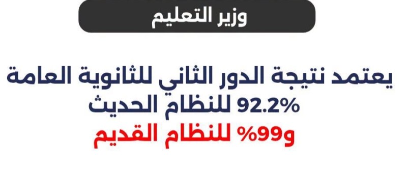وزير التعليم يعتمد نتيجة الدور الثاني للثانوية العامة 2026 .. 92.2% للنظام الحديث و99% للنظام القديم