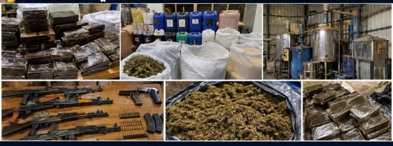 الأمن يضبط مصنع لتصنيع مــخــدر الحشــيش ومواد كيماوية وأســلــحة نـاريــة بالمطرية دقهلية