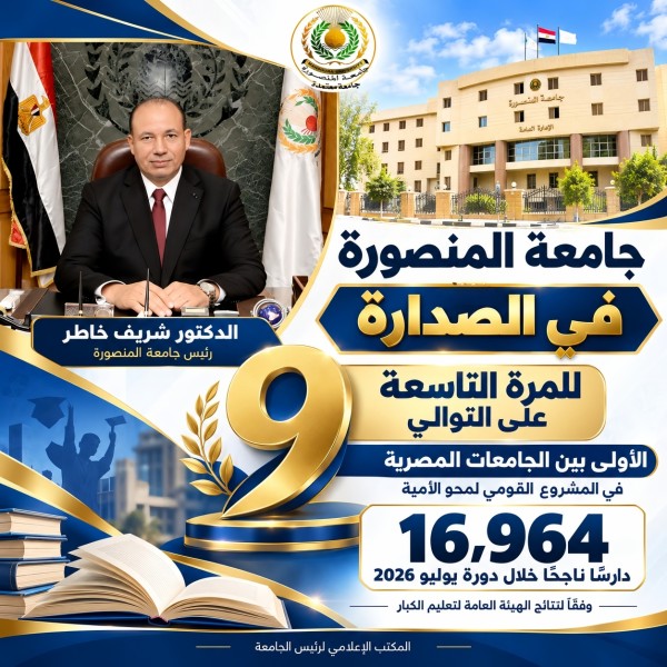 جامعة المنصورة تتصدر الجامعات المصرية في المشروع القومي لمحو الأمية .. للمرة التاسعة على التوالي