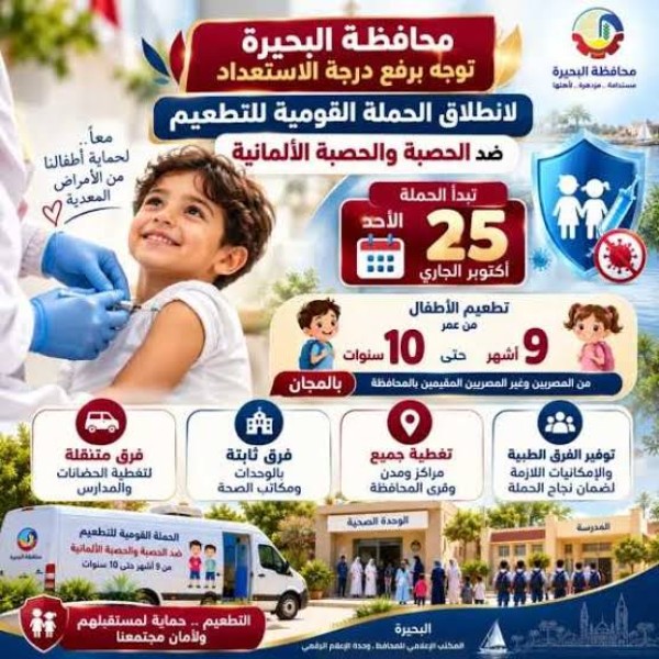 نفير عام في البحيرة.. الأحد انطلاق الحملة القومية للقضاء على الحصبة وتطعيم كل طفل من 9 أشهر لـ 10 سنوات مجاناً
