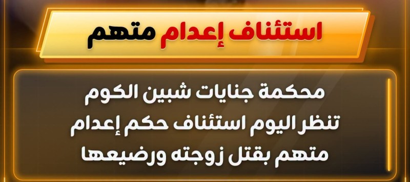 محكمة جنايات شبين الكوم تنظر اليوم أولى جلسات استئناف حكم الإعدام في قضية قتل زوجته ورضيعها
