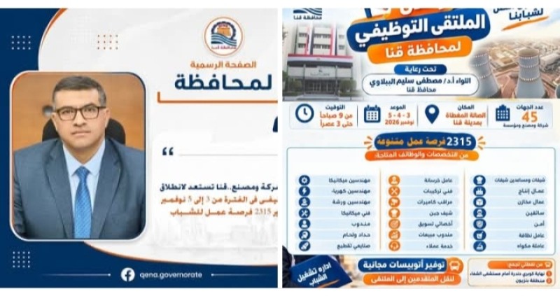 قنا تستعد لانطلاق الملتقى التوظيفي من 3 إلى 5 نوفمبر المقبل لتوفير 2315 فرصة عمل للشباب .. بمشاركة 45 شركة ومصنع